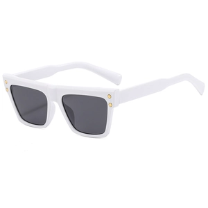 Chic vintage white square frame sunglasses with golden rivets and dark grey lenses