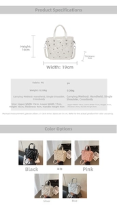 Detailed size specifications and multi-color options for quilted bucket handbags