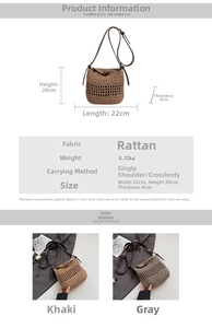 Detail showing dimensions and lightweight straw material of this hollow woven shoulder bag