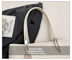 Gros plan sur la bandoulière de cabas beige avec motif croco et boucles en métal