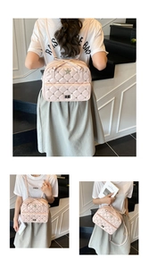 Pink quilted backpack with star studs showing back and side views on a female model