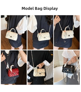 Detailed views of crossbody bags with quilted patterns, chain straps, and decorative scarves