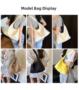 Collage of large nylon hobo bags in four colors styled for daily commuter outfits