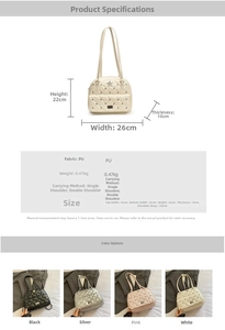 Detailed size specifications and multi-color view of the quilted star crossbody backpack