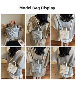 Detailed view of women's quilted bucket bag with silver studs and chain strap