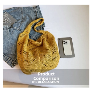 Detail of hollow woven ginger yellow tote bag with large capacity for beach leisure