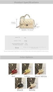 Detailed size chart and specifications for quilted chain bag showing dimensions and PU material
