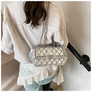 Detail showing the silver quilted chain bag with a square twist lock and metallic finish