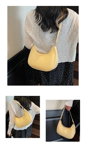 Three-way view of light yellow half-moon saddle bag showing hand-carry and shoulder styles
