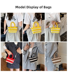 Detailed views of striped woven tote bags shown with a metal chain strap and top handles