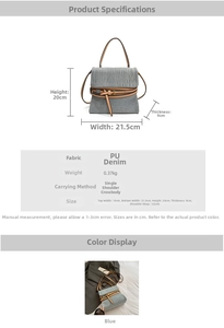 Detailed size chart for the denim PU tote showing dimensions 21.5x20x9cm and strap length