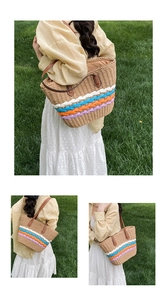 Detail of colorful striped straw tote bag with leather straps for summer beach vacations