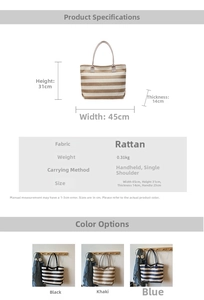 Infographic showing dimensions of the straw tote bag: 45x31x14cm with weight of 0.31kg