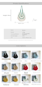 Detailed size chart and multi-color options for woven hollow crochet tote beach bag