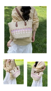 Detailed texture of handwoven paper straw tote with pink and purple wave stripes