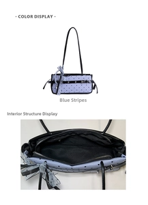 Internal structure display of blue striped shoulder bag with heart pattern and bow charm