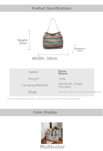 Spécifications détaillées de taille pour le sac fourre-tout en paille à rayures et dimensions