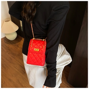 Detail of red quilted mini crossbody bag with gold chain strap and metal swivel lock