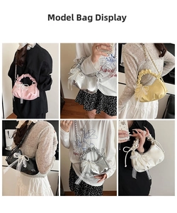 Collage détaillé de sacs croissants colorés avec nœuds en dentelle et perles