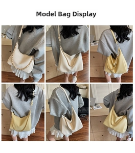 Multi-angle view of model wearing hobo shoulder bag with metal woven chain detail