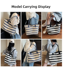 Vues détaillées du sac cabas rayé tissé pour femme montrant le style et la capacité