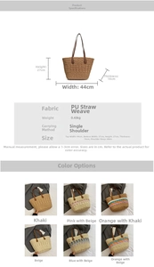 Detailed view of large woven straw tote bag with dimensions and various color options