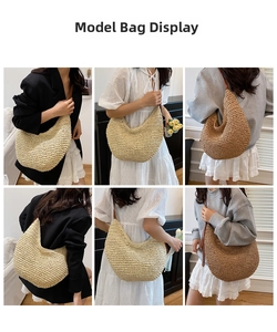 Detail view of woven straw shoulder bag textures and styling on model in six angles