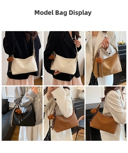 Vues détaillées de sacs hobo en quatre couleurs avec breloque chiot et bandoulière tissée