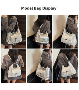 Silver metallic tote bag detail with adjustable buckle straps and dual-use backpack design