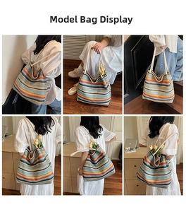 Sac fourre-tout tissé à rayures multicolores présenté sous plusieurs angles