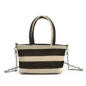 Striped woven tote bag with dual handles and metal chain strap for women