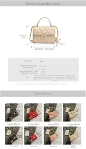 Detailed chart showing PU leather quilted bag dimensions and color options