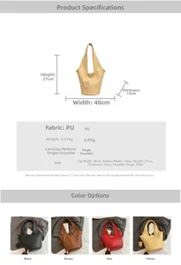 Detailed size chart for the PU leather bucket bag with dimensions and strap length