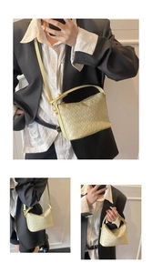 Detail view of woven leather handbag in lime yellow showing crossbody and tote style