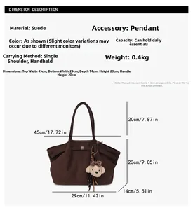 Detailed size guide of brown suede tote bag with measurements and cute dog charm
