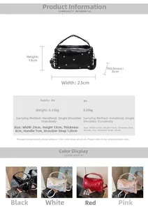 Size chart showing PU leather tote bag dimensions 23x13x8cm with multi-way carry options