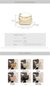 Detailed size and color chart for woven PU leather crossbody bag with golden hardware
