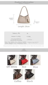 Detailed size specifications for woven underarm bag with five color options displayed