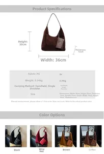 Detailed spec sheet of large PU tote bag showing dimensions, weight, and color options