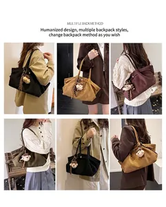 Multiple carry styles for large capacity tote bag with cute plush bear charm decoration