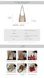 Detailed size chart for hollow straw woven tote bag with dimensions and beaded strap info