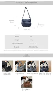 Detail diagram showing the 27x21x14cm dimensions of the washed denim crossbody bag