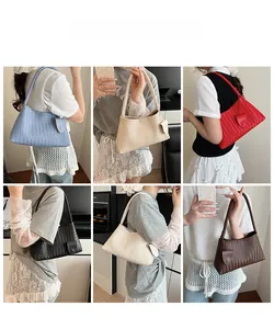 Multiple colors of woven shoulder bags shown in various fashion outfits and styles