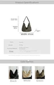 Tabla de tallas para bolso tote de lona grande con dimensiones 41x36x20cm y peso de 0,51kg