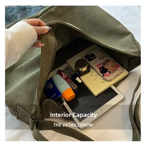 Capacidad interna del bolso tote de lona verde oliva con tableta y libros dentro