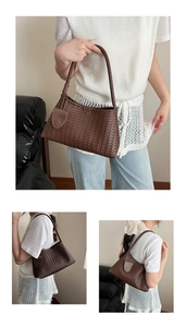 Detailed shots of deep brown woven shoulder bag shown from front, side and back angles