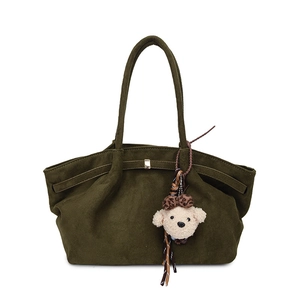 Olive green suede tote bucket bag with cute plush puppy charm for daily casual wear