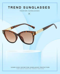 Detail of tortoise shell cat-eye sunglasses with UV400 lenses and gold chain temples