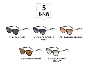 Five assorted cat eye sunglasses featuring decorative metallic chain temples on white background