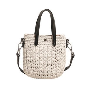 Sac à main tissé en coton avec poignées en cuir noir et bandoulière amovible